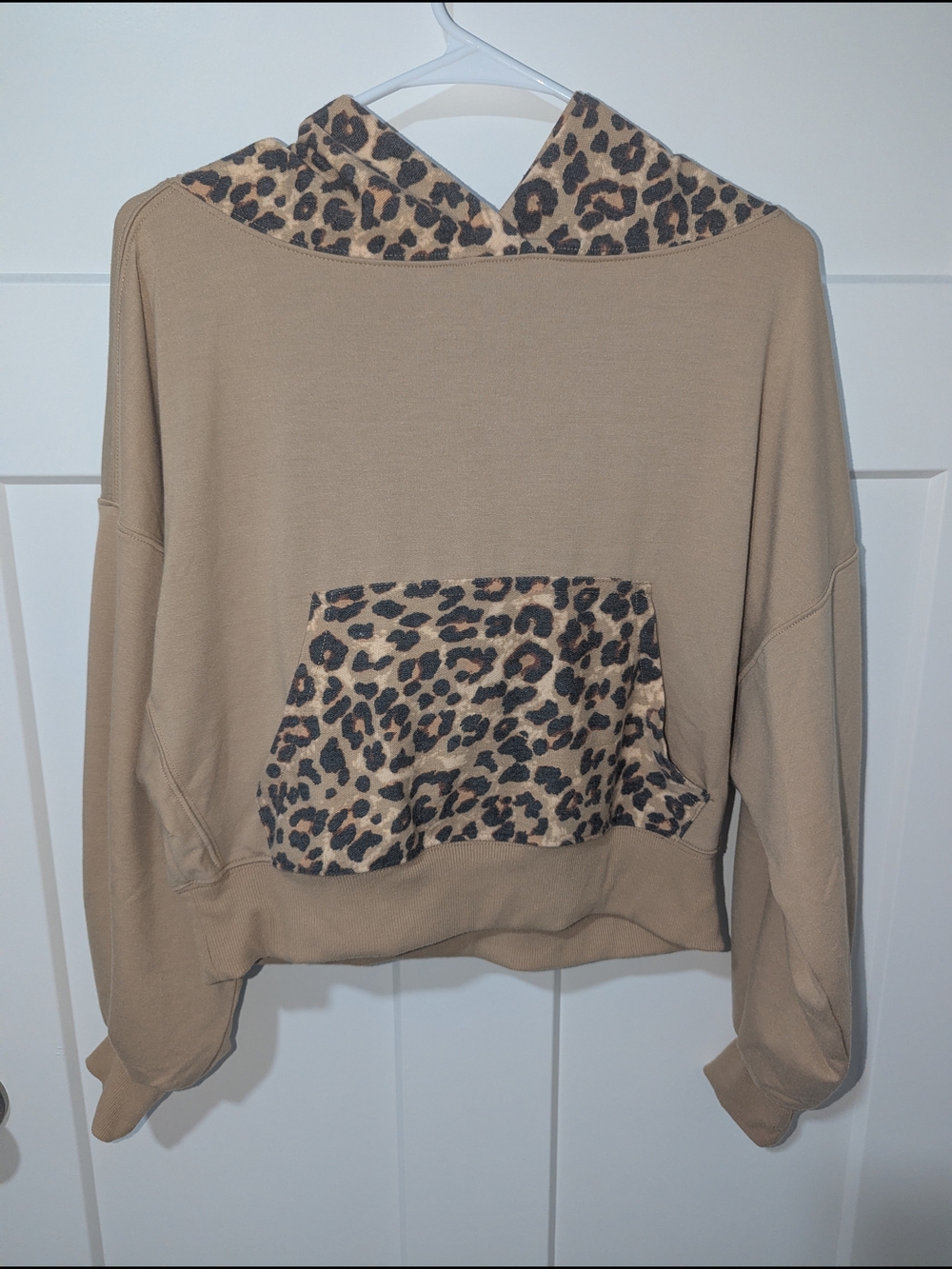 Zenana Outfitters Taupe Hoodie with Leopard Trim